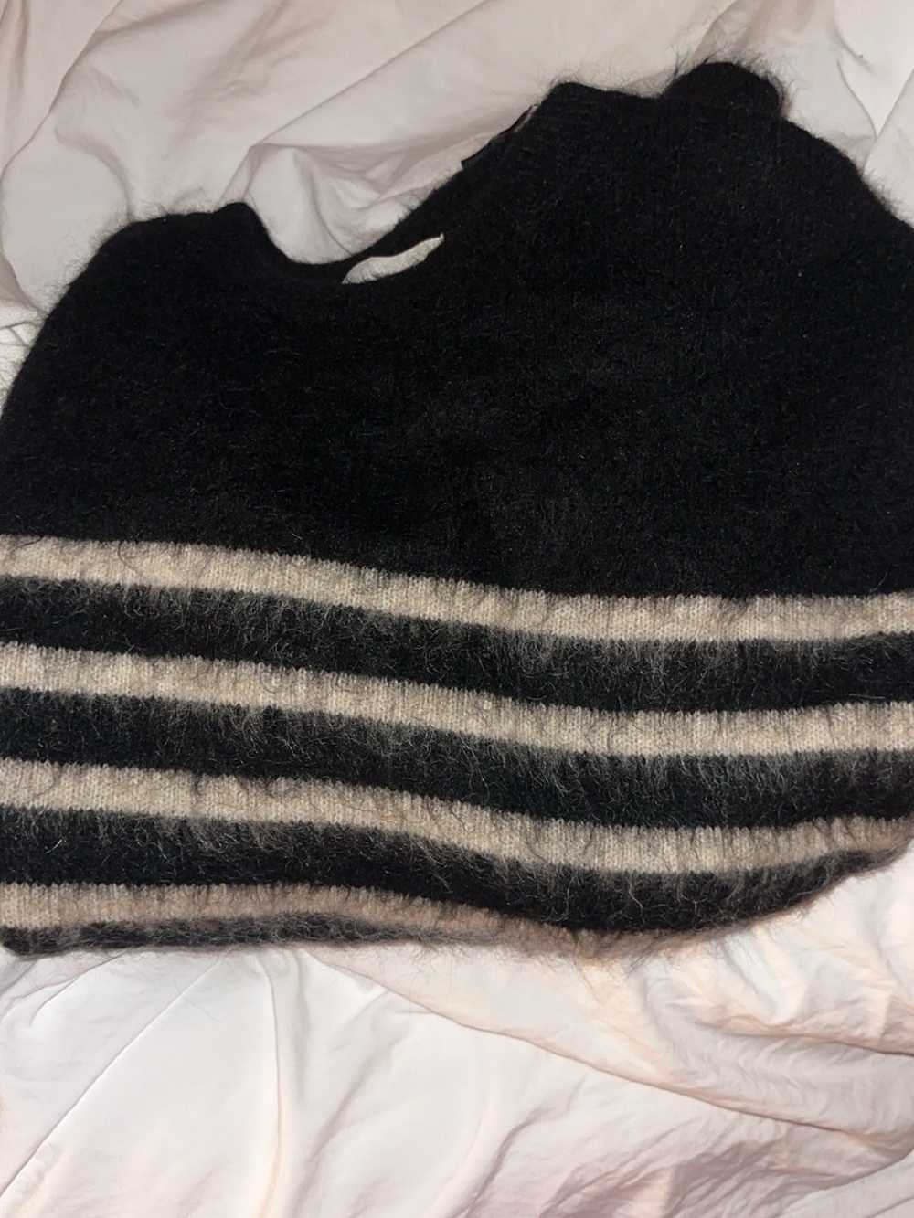 H&M Black and Cream Fuzzy Striped Crewneck Sweater